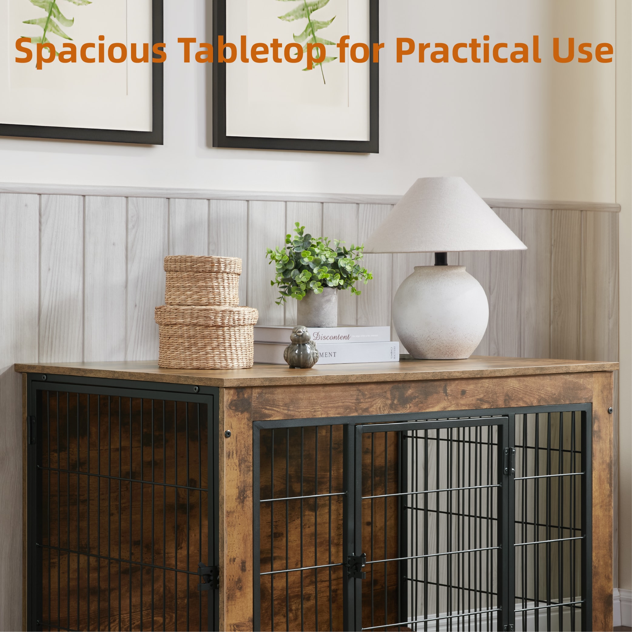 Dog Crate Furniture With Cushion, Wooden Dog Kennel Furniture, Heavy Duty Dog Cage, 40" Dog Kennel With Double Doors, Dog Crates For Large Dogs, Rustic Brown, L_voghion.com